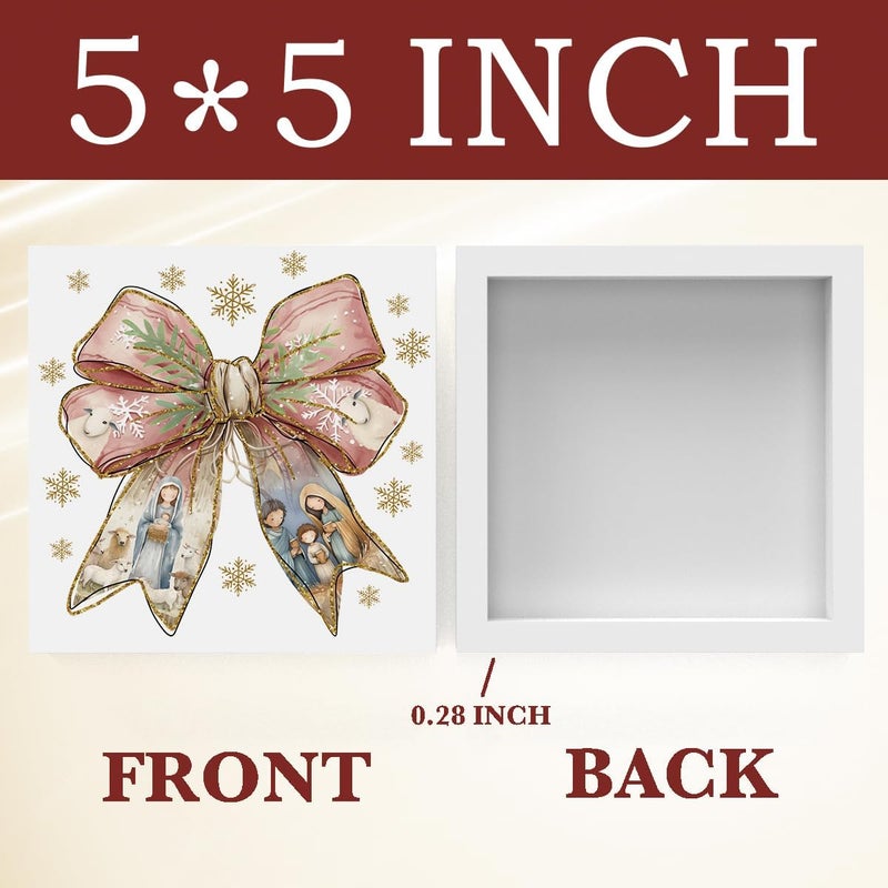 FXEFXE Pink Christmas Decor, Christian Christmas Decorations Indoor, Glitter Bow Nativity Scene Snowflake Sign Gift for Women Friends, Rustic Wooden Box Sign for Home Office Bedroom Desk Decor 5x5 Inches - Image 2